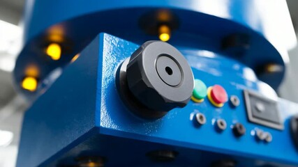 Close-up of industrial machinery control panel showcasing buttons and knobs in a manufacturing facility