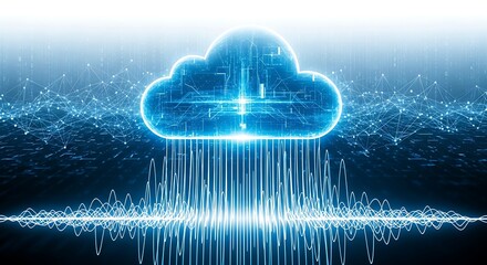 Abstract glowing blue cloud with data streams flowing down on a dark background