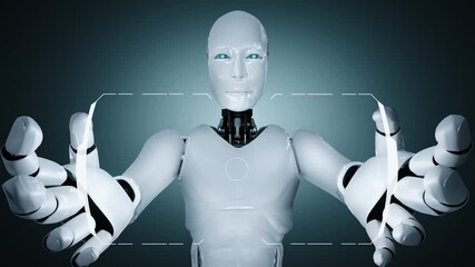 Wall Mural - ai hominoid robot holding virtual hologram screen showing concept of ai brain and artificial intelli