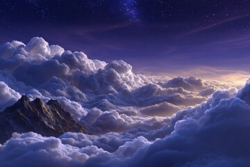 Wall Mural - Majestic night sky panorama with star-dusted clouds and ethereal mountain peaks, evoking wonder and cosmic exploration