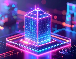 A neon holographic building representing digital architecture and blockchain technology