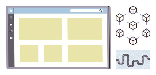 Web browser outline with grid layout, connected blockchain cubes, and digital map path. Ideal for technology, decentralization, navigation, data management, innovation, blockchain applications