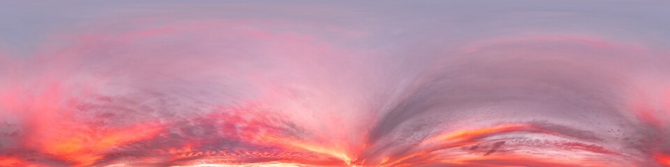 Wall Mural - Seamless 360 HDR spherical panorama of sunset sky with vibrant pink Cumulus clouds. Full zenith or sky dome in 3D, sky replacement for aerial drone panoramas. Climate and weather change.