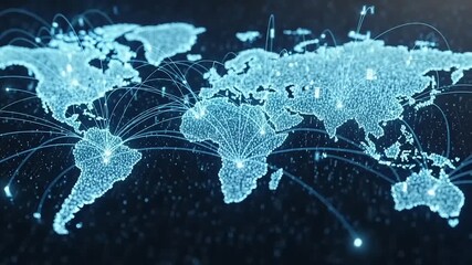 Glowing Particle World Map with Dynamic Arcs Illustrating Global Communication and Technology Networks