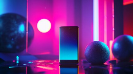 Wall Mural - A striking phone in vibrant colors stands out against an abstract cosmic backdrop. The illuminated scene inspires creativity and innovation. Generative AI