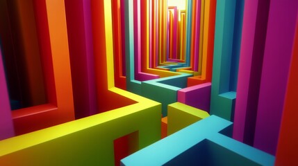 Wall Mural - A vibrant tunnel of colorful geometric shapes creates a mesmerizing pathway. Each turn invites curiosity and exploration. A visual feast for the eyes. Generative AI