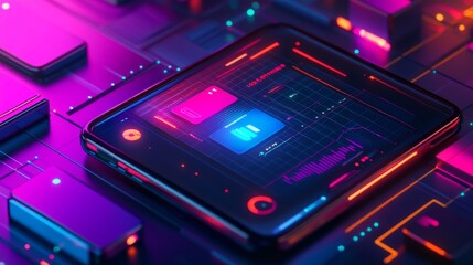 Wall Mural - Futuristic technology concept featuring a vibrant neon circuit board with glowing elements. A digital interface showcases advanced features. Generative AI