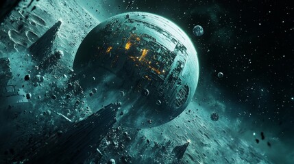 Wall Mural - A captivating scene in a distant galaxy. Explore a mysterious planet surrounded by asteroids. It invites adventure and discovery. Generative AI