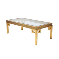 Ornate gold coffee table with glass top isolated on transparent background