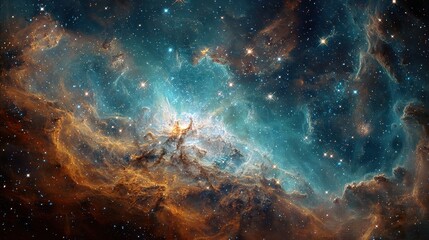 Wall Mural - Vast expanse of stars and nebula displays cosmic dust clouds in shimmering golds and cool blues, a spectacle of interstellar beauty