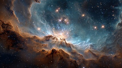 Wall Mural - Vast expanse of stars and nebula displays cosmic dust clouds in shimmering golds and cool blues, a spectacle of interstellar beauty