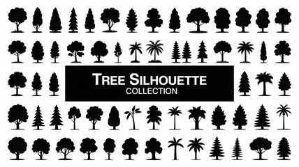 Collection of diverse tree silhouettes, including deciduous and coniferous species, isolated on a white background, perfect for design and illustration projects