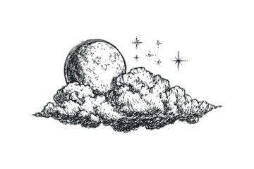 Wall Mural - Hand Drawn Full Moon and Stars Emerging From Clouds. Vector hand drawn illustration
