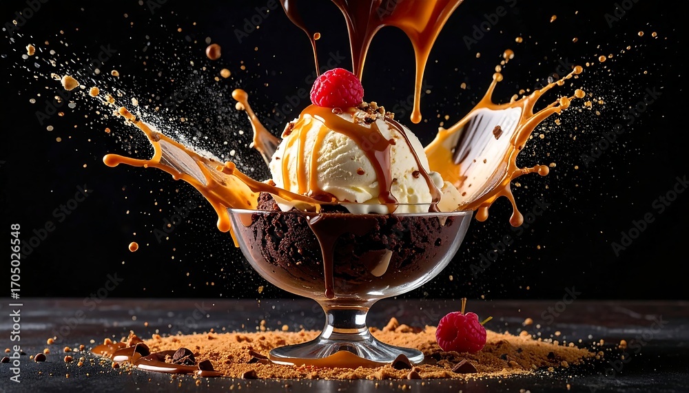 Vanilla ice cream sundae with flowing caramel, raspberry garnish, and ...