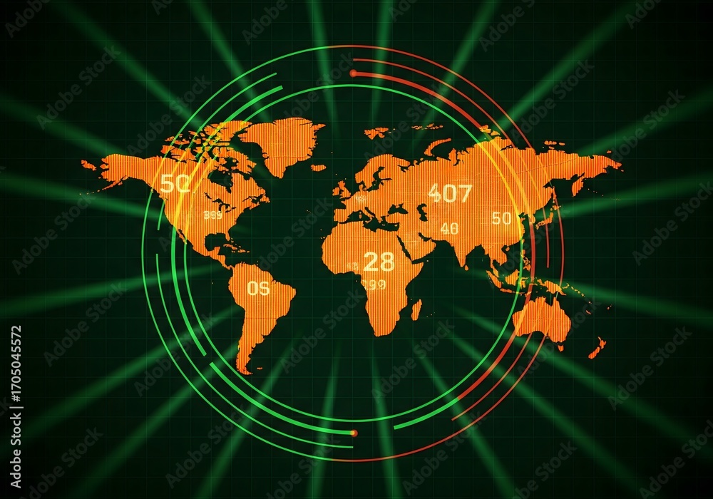 World Map with Data Numbers and Radar Circles—Global Analytics and ...