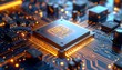 © athena - Macro shot showing a central processing unit (CPU) with intricate circuits and glowing elements. Deep blue board with copper wiring