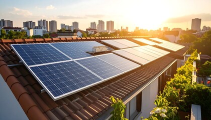 Solar panels on a rooftop, bathed in warm sunlight, cityscape background, plants in the foreground