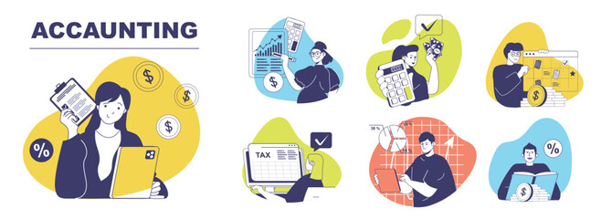 Wall Mural - Accounting concept set for web design. Collection with people inspecting financial balance, calculating budget and annual revenue, investing money, planning savings and reporting. Vector illustration.