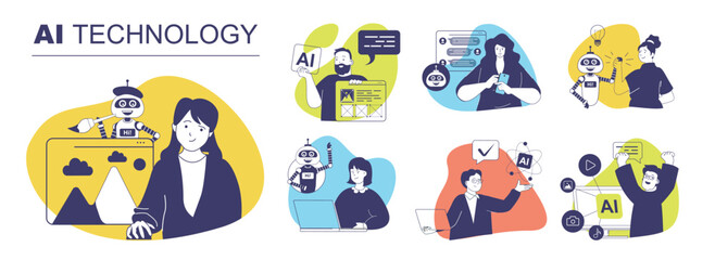 Wall Mural - AI technology concept set for web design. Collection with people using artificial intelligence virtual assistant for image or text generation, online data analysis, doing tasks. Vector illustration.