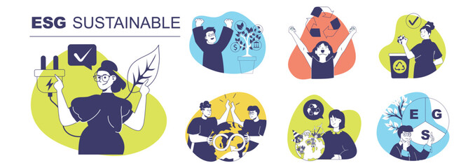 Wall Mural - esg sustainable concept set for web design. collection with people doing responsibility businesses w
