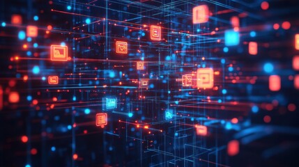 Abstract Data Network with Glowing Red and Blue Square Icons and Light Streams