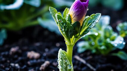 Blooming process of a purple flower captured in motion, from soil sprout to full blossom. Dew drops shine on petals. A beautiful moment of natural growth.