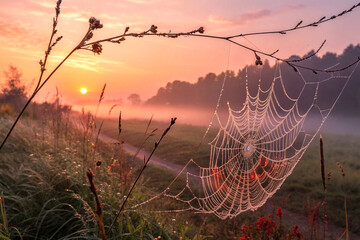 Wall Mural - Spider web with dewdrops glowing in magical ethereal sunset with warm colors