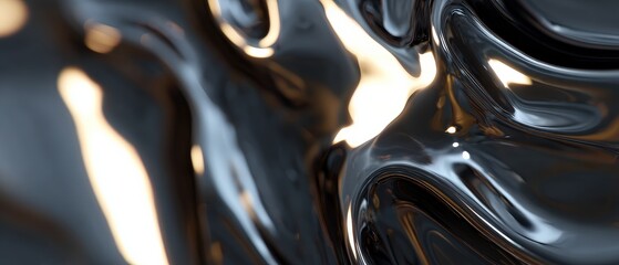 Wall Mural - Abstract Black Liquid Metal with Golden Highlights, Reflective Surface, and Fluid Motion for Modern Backgrounds and Designs