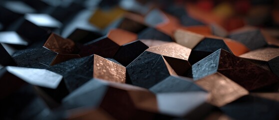 Wall Mural - abstract geometric background with metallic polygonal shapes in dark blue and copper tones modern 3d