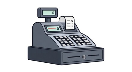 An illustration of a classic, gray cash register, complete with a receipt, buttons, displays, and a cash drawer
