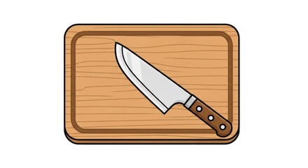 A cartoon illustration of a chef's knife resting on a rectangular wooden cutting board, viewed from above. The knife has a dark brown handle with rivets and a metallic blade.  