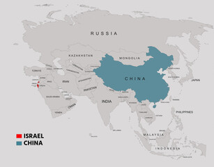  China and Israel Highlighted on Asia Map Showing Borders and Locations