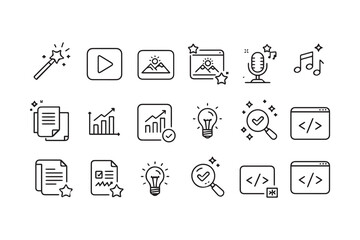 Artificial intelligence icon pack – creative AI generated buttons for photo, video, audio, coding, apps and websites in transparent vector style.eps
