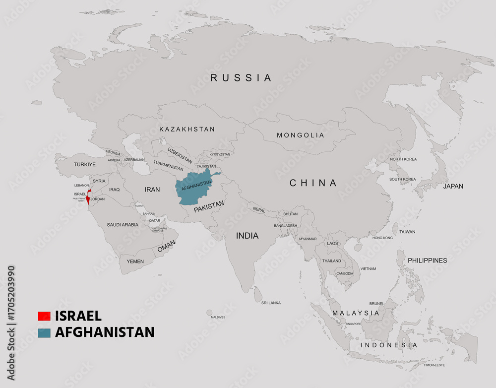 Israel and Afghanistan Highlighted on Asia Map Showing Countries ...