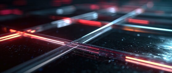 Wall Mural - abstract glowing grid with red and blue neon lights, futuristic technology background with geometric