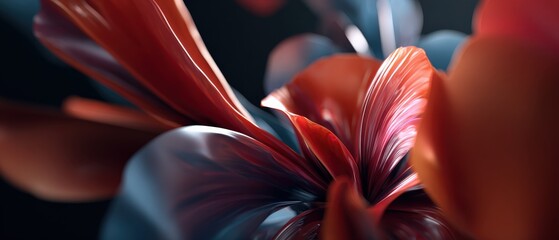 Wall Mural - Abstract red and blue flower with glossy petals on dark background Modern floral design with vibrant colors and smooth textures Concept of elegance, art, and beauty