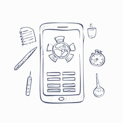 Hand-drawn sketch illustration of a mobile app interface on a smartphone, surrounded by doodles of productivity and creative tools