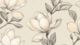 39.An abstract seamless pattern of magnolia flowers and leaves, drawn with a fine, hand-crafted style. The design combines delicate floral outlines with soft curves and smooth lines, creating a