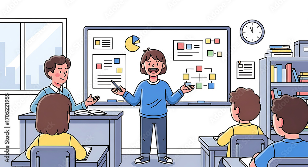 Project Presentation Classroom Confident young student presenting a school project on a whiteboard to ...
