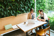 © artitwpd - Two colleagues in a cafe with a laptop discuss work beside a lush indoor green wall, suggesting consulting or small business planning in a modern, casual workspace.