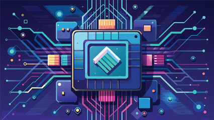 Colorful digital circuit board with microchips and connections representing technology and innovation in a modern design