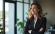 © David - Middle aged business woman investor entrepreneur standing in office looking away. Mature professional businesswoman corporate leader ceo manager at work thinking of future success. Copy space.