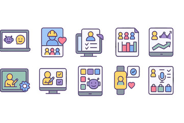 Wall Mural - Technology and office outline icon set. communication, workflow, data icons collection