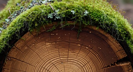 Close up of a moss covered tree trunk with visible growth rings