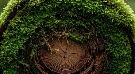 Close up of moss growing on a weathered tree trunk with visible rings