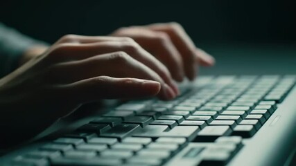 Close-up of hands typing on a computer keyboard in a dark office, representing digital work and technology