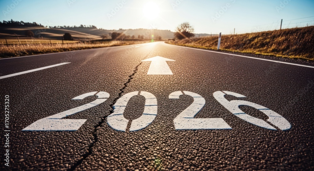 Road with "2026" text and arrow pointing forward towards horizon, sunny ...