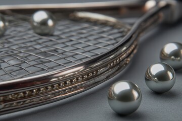 Close-up of a luxurious silver tennis racket with metallic balls