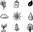 © creativemusa - Minimalist black and white illustration set with environmental symbols: water droplet, plant sprout, reusable bag, and sunshine
