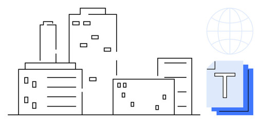 Urban buildings drawn in clean lines next to a globe and text file icon. Ideal for business, urban planning, technology, globalization, remote work, digital solutions, simple landing page